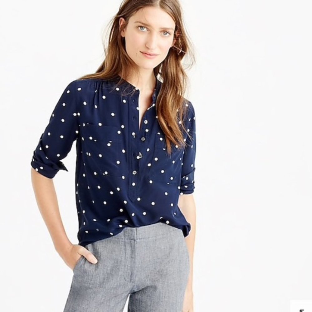 J. Crew Silk Popover Shirt In Polka Dot Navy
